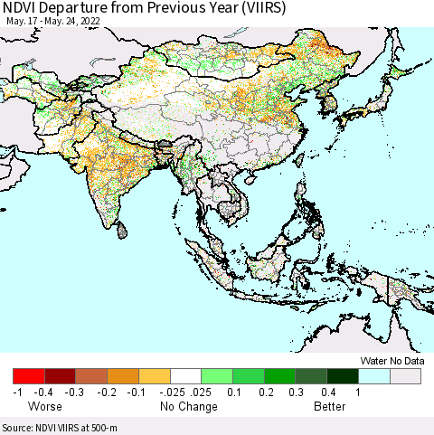 Asia NDVI Departure from Previous Year (VIIRS) Thematic Map For 5/17/2022 - 5/24/2022