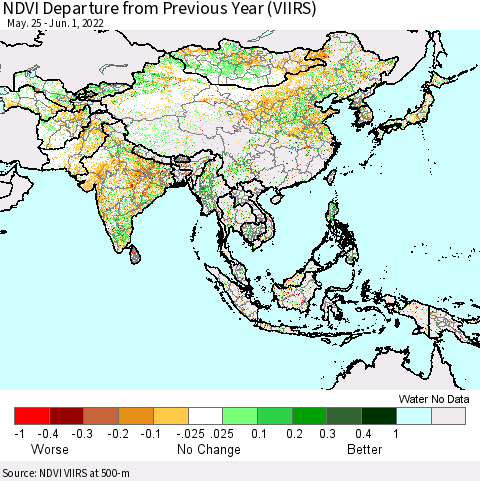Asia NDVI Departure from Previous Year (VIIRS) Thematic Map For 5/25/2022 - 6/1/2022