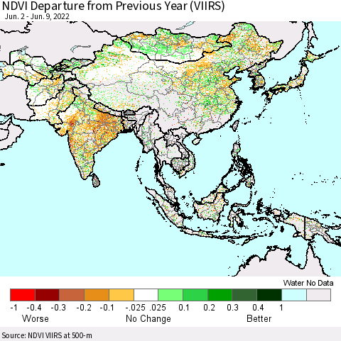 Asia NDVI Departure from Previous Year (VIIRS) Thematic Map For 6/2/2022 - 6/9/2022