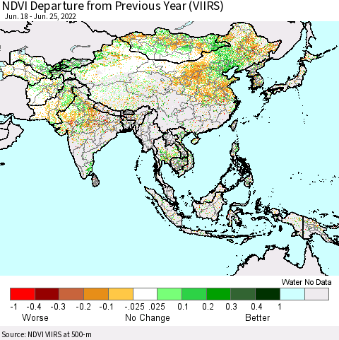 Asia NDVI Departure from Previous Year (VIIRS) Thematic Map For 6/18/2022 - 6/25/2022