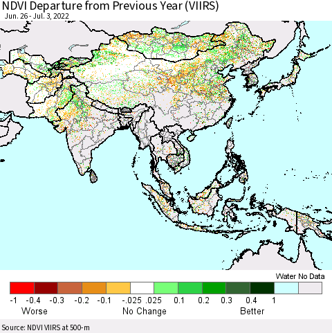 Asia NDVI Departure from Previous Year (VIIRS) Thematic Map For 6/26/2022 - 7/3/2022