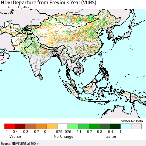 Asia NDVI Departure from Previous Year (VIIRS) Thematic Map For 7/4/2022 - 7/11/2022