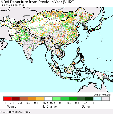Asia NDVI Departure from Previous Year (VIIRS) Thematic Map For 7/12/2022 - 7/19/2022
