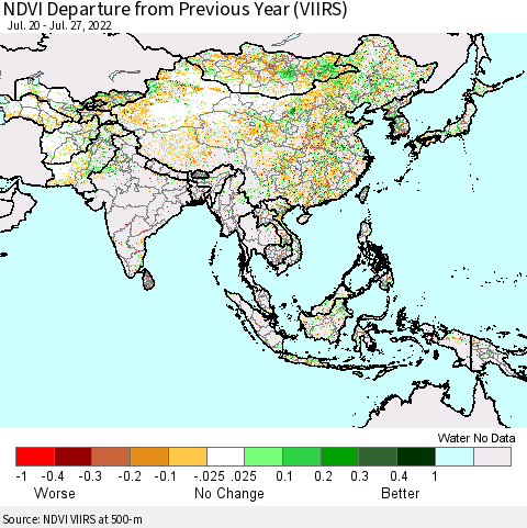 Asia NDVI Departure from Previous Year (VIIRS) Thematic Map For 7/20/2022 - 7/27/2022