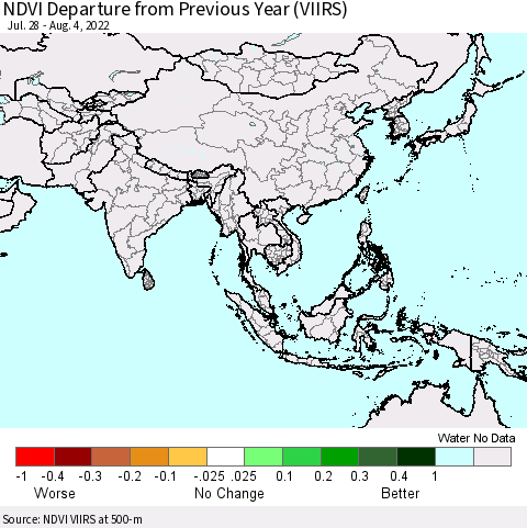 Asia NDVI Departure from Previous Year (VIIRS) Thematic Map For 7/28/2022 - 8/4/2022