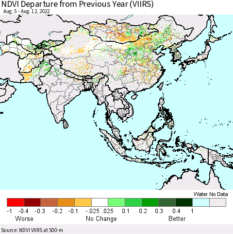 Asia NDVI Departure from Previous Year (VIIRS) Thematic Map For 8/5/2022 - 8/12/2022