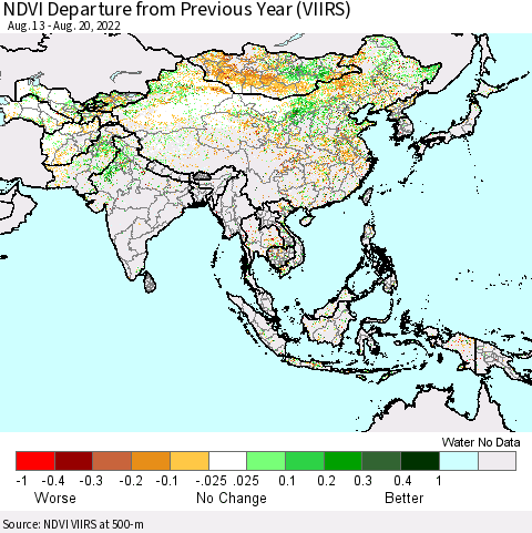 Asia NDVI Departure from Previous Year (VIIRS) Thematic Map For 8/13/2022 - 8/20/2022