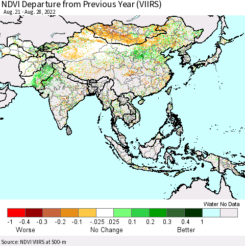 Asia NDVI Departure from Previous Year (VIIRS) Thematic Map For 8/21/2022 - 8/28/2022