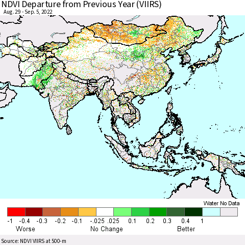 Asia NDVI Departure from Previous Year (VIIRS) Thematic Map For 8/29/2022 - 9/5/2022