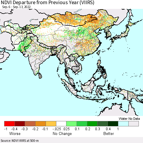 Asia NDVI Departure from Previous Year (VIIRS) Thematic Map For 9/6/2022 - 9/13/2022