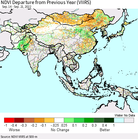 Asia NDVI Departure from Previous Year (VIIRS) Thematic Map For 9/14/2022 - 9/21/2022