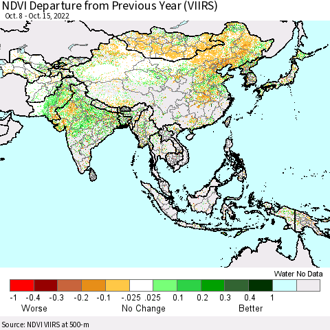 Asia NDVI Departure from Previous Year (VIIRS) Thematic Map For 10/8/2022 - 10/15/2022