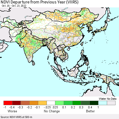 Asia NDVI Departure from Previous Year (VIIRS) Thematic Map For 10/16/2022 - 10/23/2022