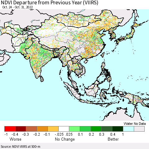 Asia NDVI Departure from Previous Year (VIIRS) Thematic Map For 10/24/2022 - 10/31/2022