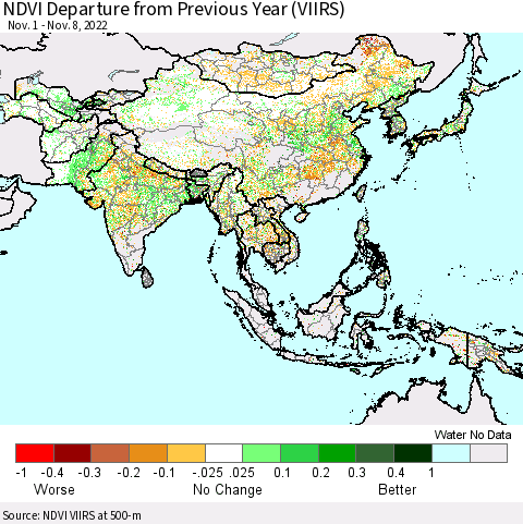 Asia NDVI Departure from Previous Year (VIIRS) Thematic Map For 11/1/2022 - 11/8/2022