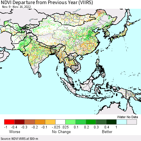 Asia NDVI Departure from Previous Year (VIIRS) Thematic Map For 11/9/2022 - 11/16/2022
