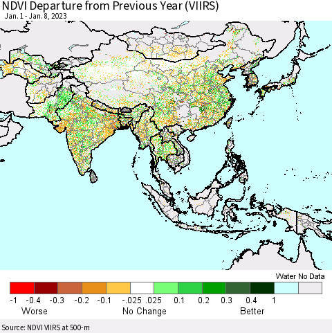 Asia NDVI Departure from Previous Year (VIIRS) Thematic Map For 1/1/2023 - 1/8/2023