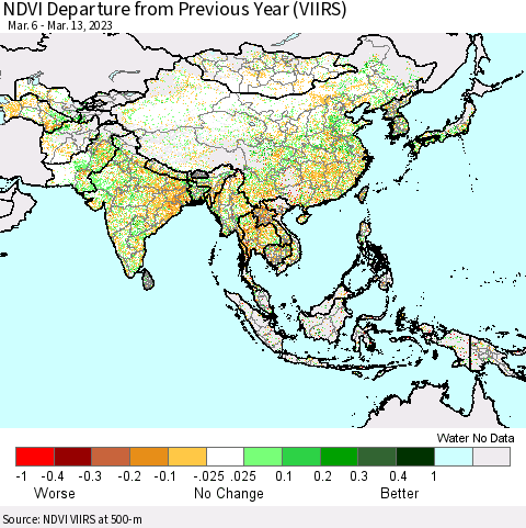 Asia NDVI Departure from Previous Year (VIIRS) Thematic Map For 3/6/2023 - 3/13/2023