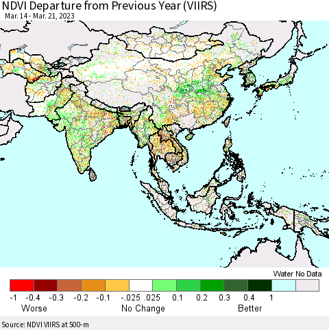 Asia NDVI Departure from Previous Year (VIIRS) Thematic Map For 3/14/2023 - 3/21/2023