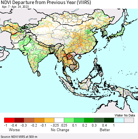 Asia NDVI Departure from Previous Year (VIIRS) Thematic Map For 4/7/2023 - 4/14/2023