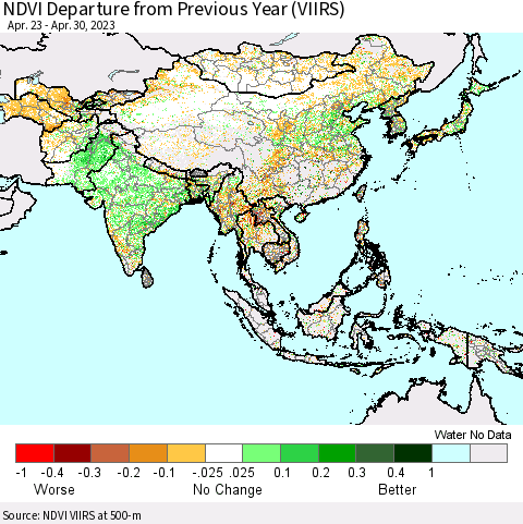 Asia NDVI Departure from Previous Year (VIIRS) Thematic Map For 4/23/2023 - 4/30/2023