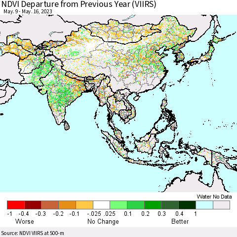 Asia NDVI Departure from Previous Year (VIIRS) Thematic Map For 5/9/2023 - 5/16/2023