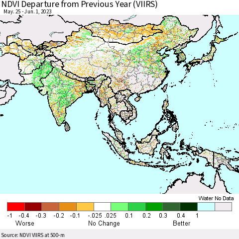 Asia NDVI Departure from Previous Year (VIIRS) Thematic Map For 5/25/2023 - 6/1/2023