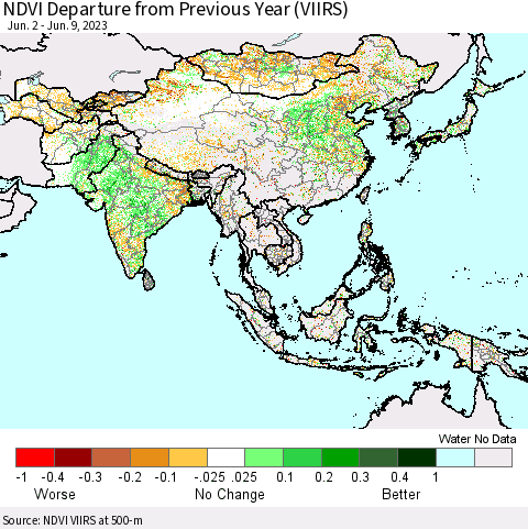 Asia NDVI Departure from Previous Year (VIIRS) Thematic Map For 6/2/2023 - 6/9/2023