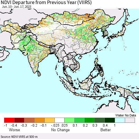 Asia NDVI Departure from Previous Year (VIIRS) Thematic Map For 6/10/2023 - 6/17/2023