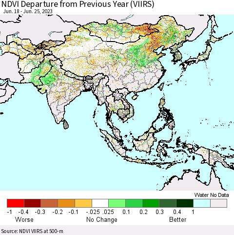 Asia NDVI Departure from Previous Year (VIIRS) Thematic Map For 6/18/2023 - 6/25/2023