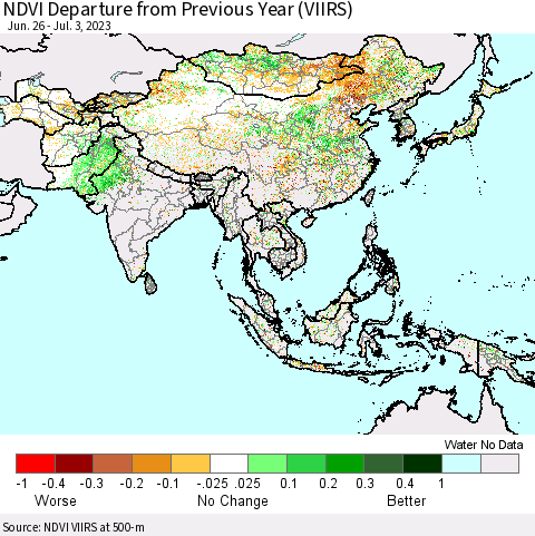 Asia NDVI Departure from Previous Year (VIIRS) Thematic Map For 6/26/2023 - 7/3/2023