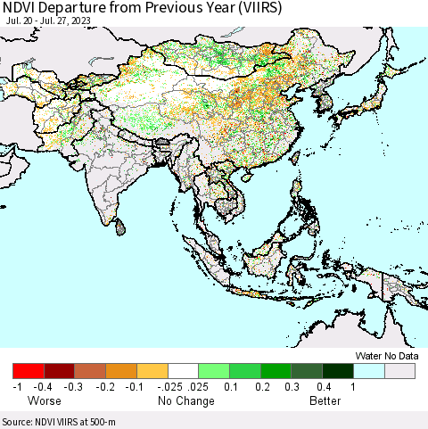 Asia NDVI Departure from Previous Year (VIIRS) Thematic Map For 7/20/2023 - 7/27/2023