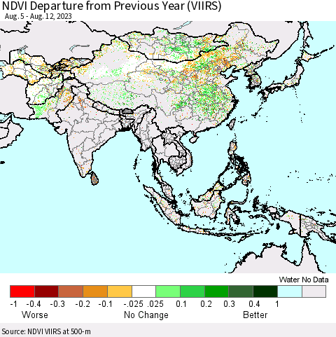 Asia NDVI Departure from Previous Year (VIIRS) Thematic Map For 8/5/2023 - 8/12/2023
