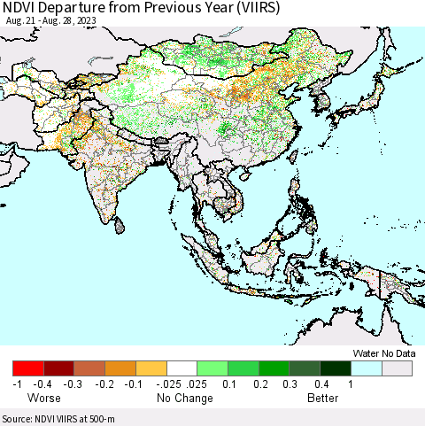 Asia NDVI Departure from Previous Year (VIIRS) Thematic Map For 8/21/2023 - 8/28/2023
