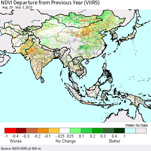 Asia NDVI Departure from Previous Year (VIIRS) Thematic Map For 8/29/2023 - 9/5/2023