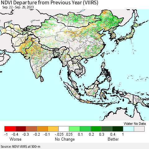 Asia NDVI Departure from Previous Year (VIIRS) Thematic Map For 9/22/2023 - 9/29/2023