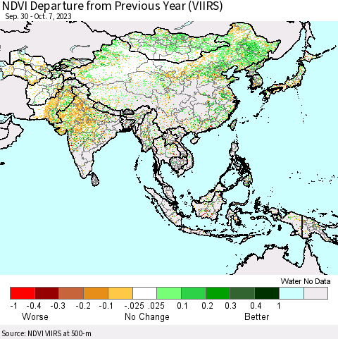 Asia NDVI Departure from Previous Year (VIIRS) Thematic Map For 9/30/2023 - 10/7/2023