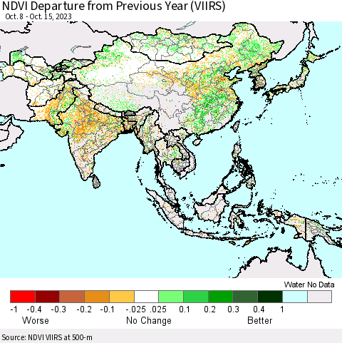 Asia NDVI Departure from Previous Year (VIIRS) Thematic Map For 10/8/2023 - 10/15/2023
