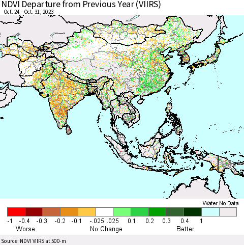 Asia NDVI Departure from Previous Year (VIIRS) Thematic Map For 10/24/2023 - 10/31/2023
