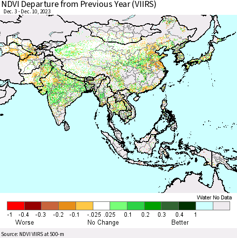 Asia NDVI Departure from Previous Year (VIIRS) Thematic Map For 12/3/2023 - 12/10/2023