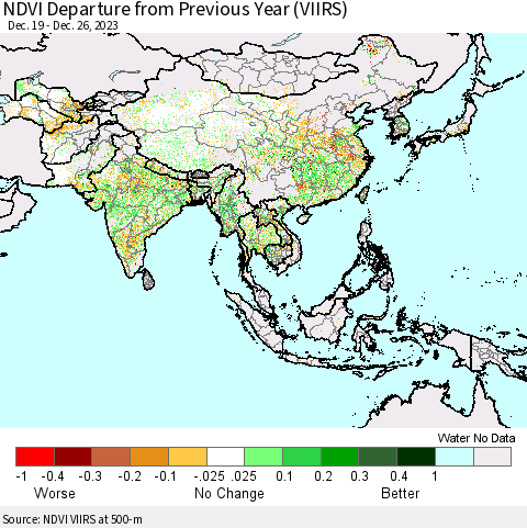 Asia NDVI Departure from Previous Year (VIIRS) Thematic Map For 12/19/2023 - 12/26/2023