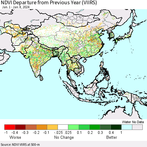 Asia NDVI Departure from Previous Year (VIIRS) Thematic Map For 1/1/2024 - 1/8/2024
