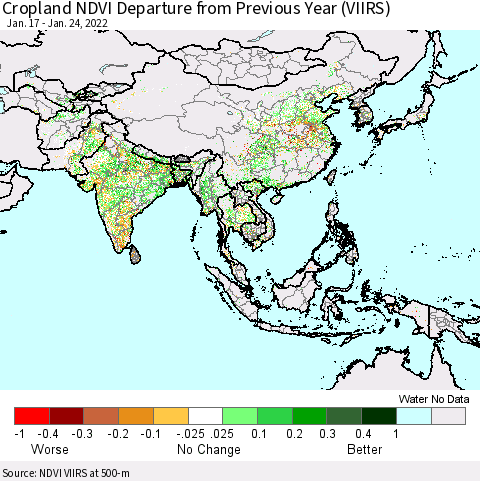 Asia Cropland NDVI Departure from Previous Year (VIIRS) Thematic Map For 1/17/2022 - 1/24/2022