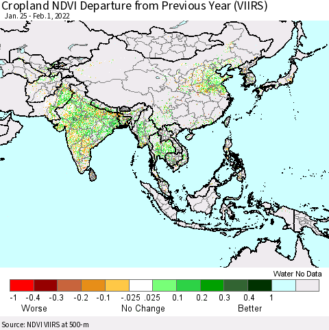 Asia Cropland NDVI Departure from Previous Year (VIIRS) Thematic Map For 1/25/2022 - 2/1/2022