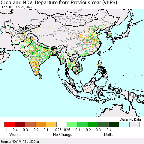 Asia Cropland NDVI Departure from Previous Year (VIIRS) Thematic Map For 2/18/2022 - 2/25/2022