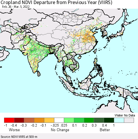 Asia Cropland NDVI Departure from Previous Year (VIIRS) Thematic Map For 2/26/2022 - 3/5/2022