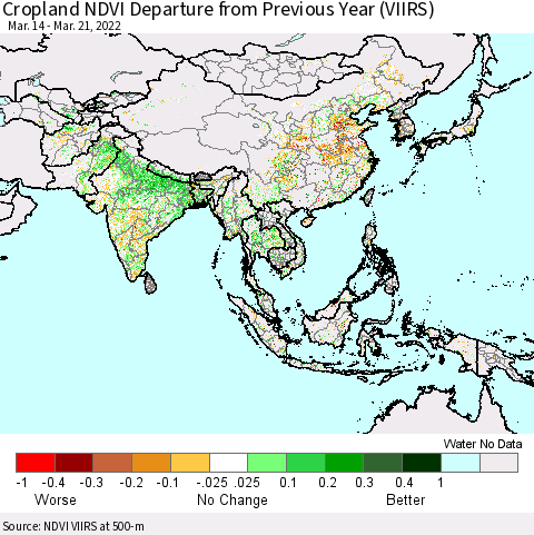 Asia Cropland NDVI Departure from Previous Year (VIIRS) Thematic Map For 3/14/2022 - 3/21/2022