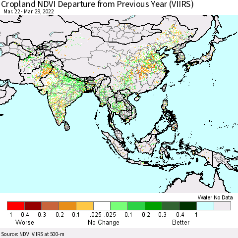 Asia Cropland NDVI Departure from Previous Year (VIIRS) Thematic Map For 3/22/2022 - 3/29/2022