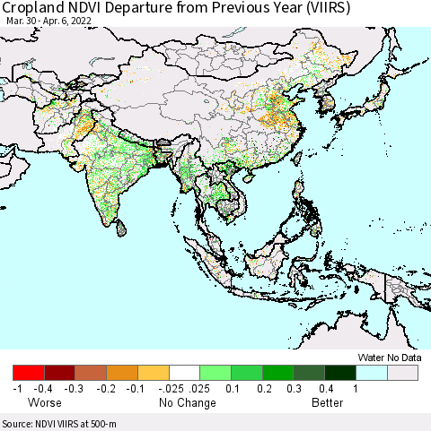 Asia Cropland NDVI Departure from Previous Year (VIIRS) Thematic Map For 3/30/2022 - 4/6/2022