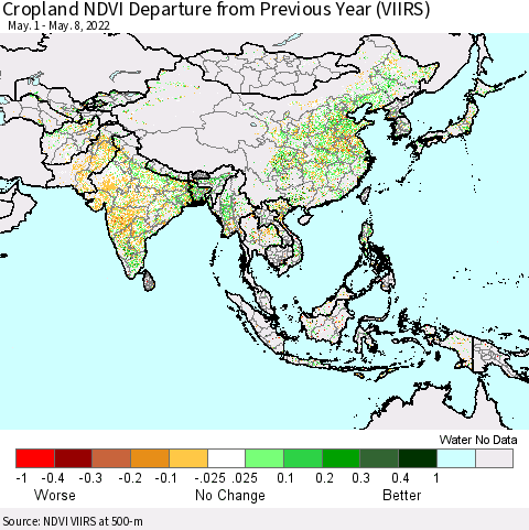 Asia Cropland NDVI Departure from Previous Year (VIIRS) Thematic Map For 5/1/2022 - 5/8/2022
